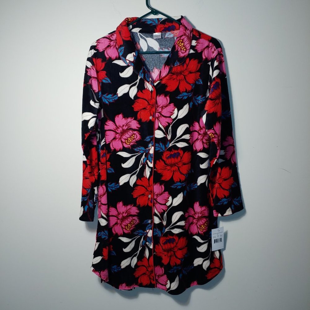 Hanes Women's Velour Sleepshirt with Notch Collar Floral Size M Black Red